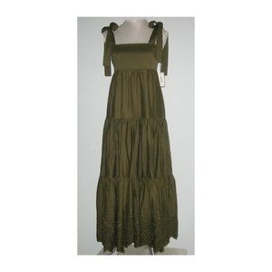NWT JASON WU Stretch COTTON Embroidered Tiered Skirt MAXI Dress Olive L MSP $248